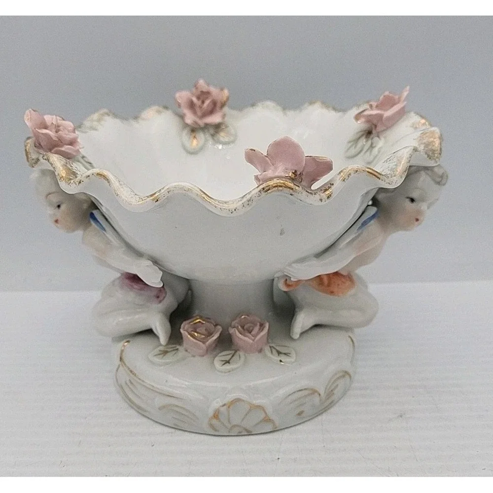 Vintage Ucagco Bisque Cherubs Holding Bowl Hand Painted 5.5